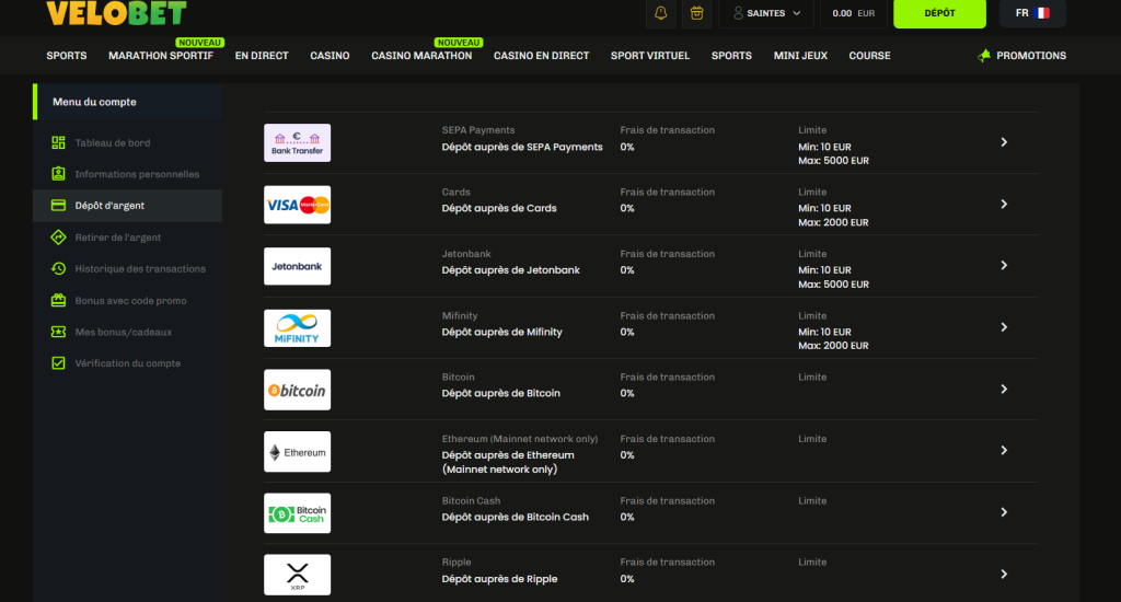 Velobet option de paiement