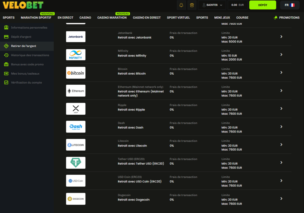 Velobet Faire un retrait